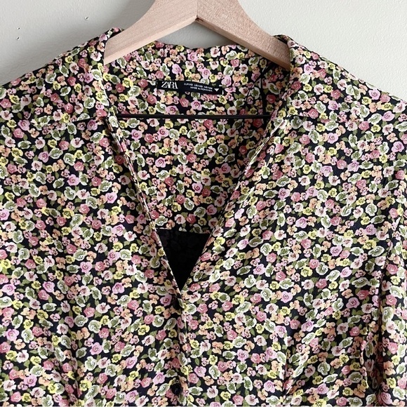 Zara Floral Mini‎ Shirt Dress Long Sleeves Pink Green Black Yellow, Size XS - Picture 4 of 11